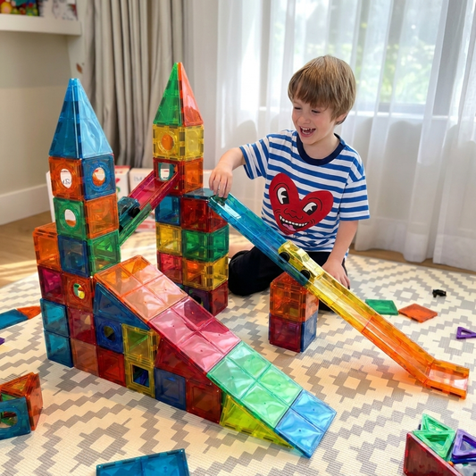 3D magnetne kocke — dete gradi u dnevnoj sobi